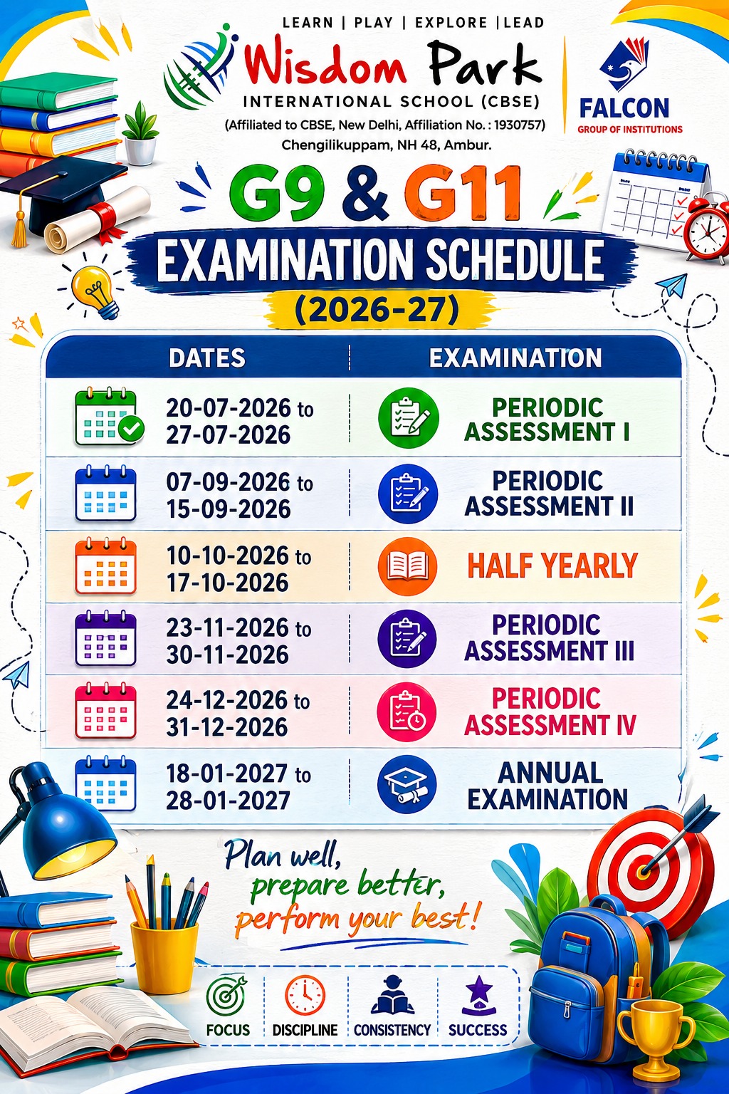 Grade 9 and Grade 11 examination schedule for academic year 2026–27
