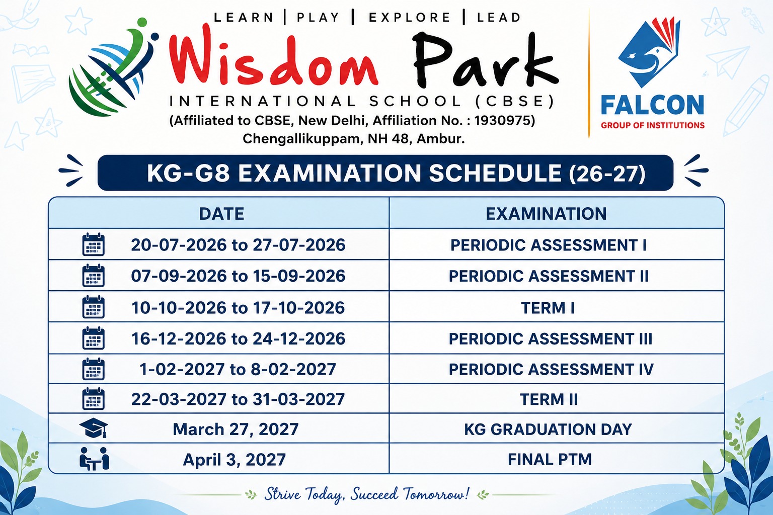 KG to Grade 8 examination schedule for academic year 2026–27